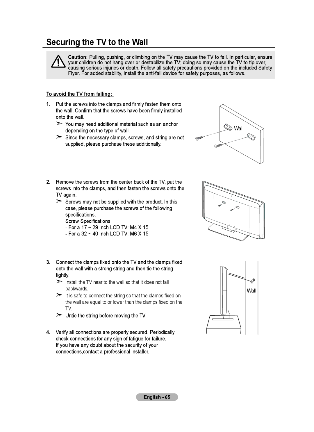 Samsung BN68-01736A-00 user manual Securing the TV to the Wall, To avoid the TV from falling, Depending on the type of wall 