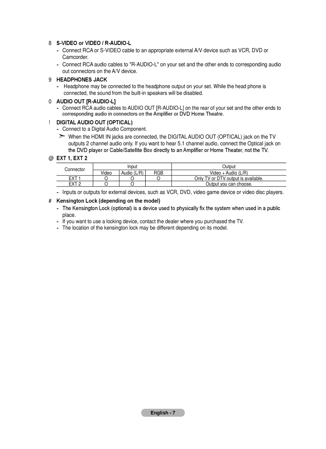 Samsung BN68-01736A-00 user manual Video or Video / R-AUDIO-L, @ EXT 1, EXT, # Kensington Lock depending on the model 