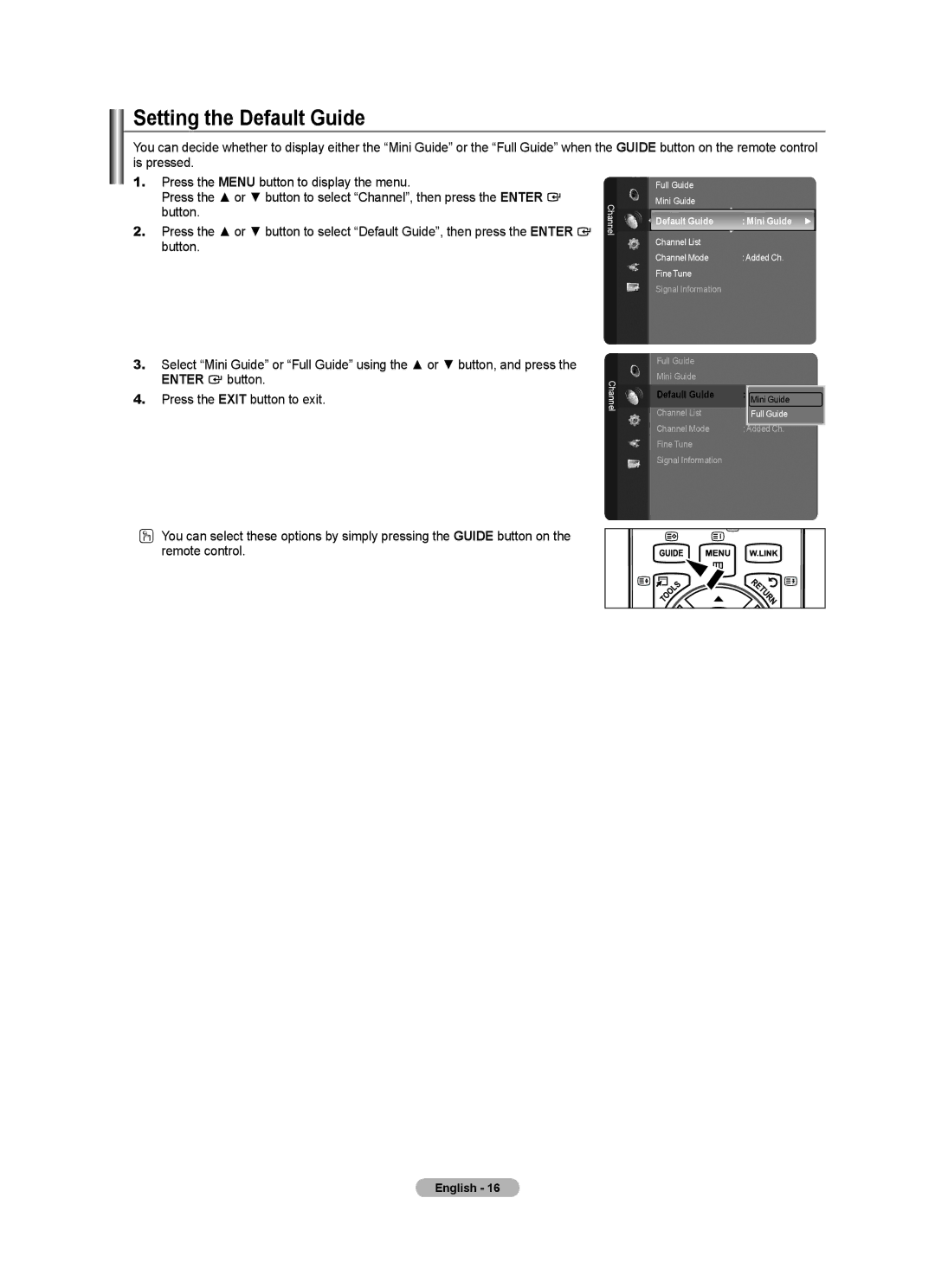 Samsung BN68-01736B-00, 7 Series user manual Setting the Default Guide, Default Guide Mini Guide 