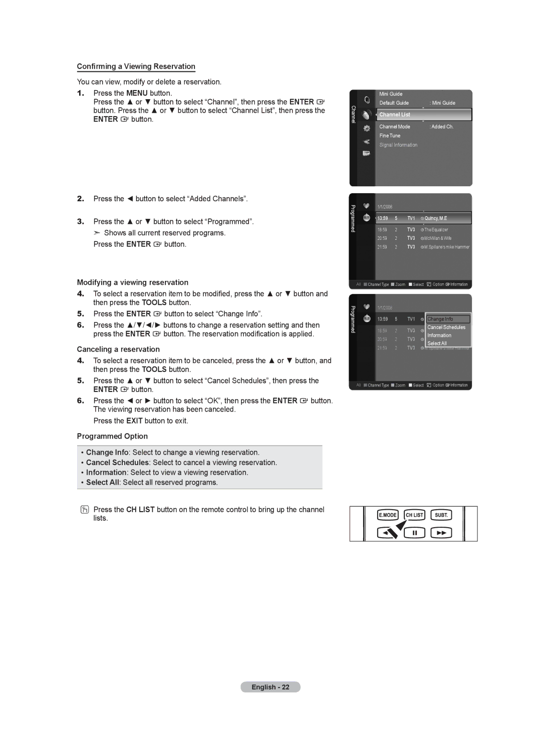 Samsung BN68-01736B-00 Confirming a Viewing Reservation, Modifying a viewing reservation, Canceling a reservation 