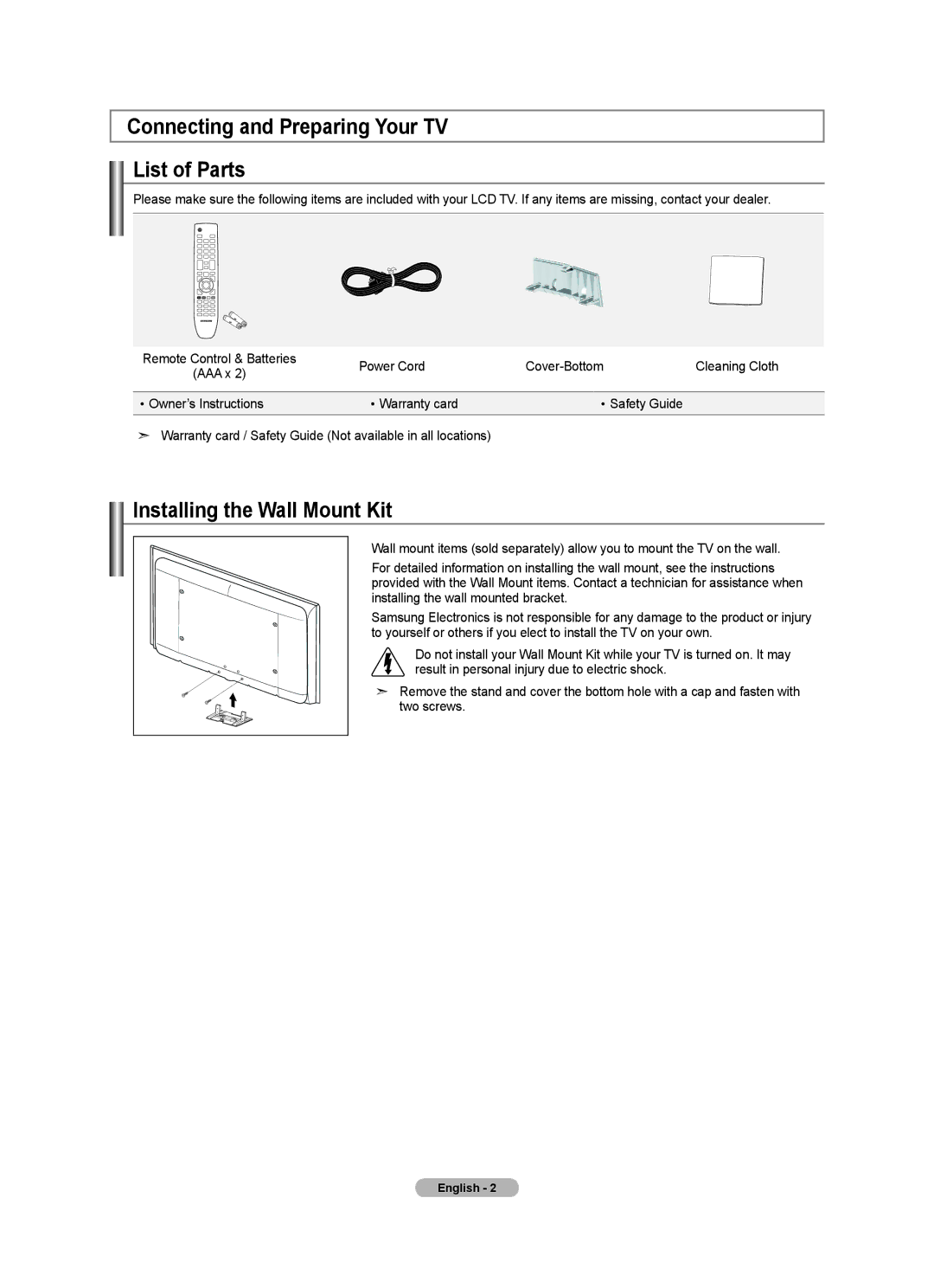 Samsung BN68-01736B-00, 7 Series user manual Connecting and Preparing Your TV List of Parts, Installing the Wall Mount Kit 