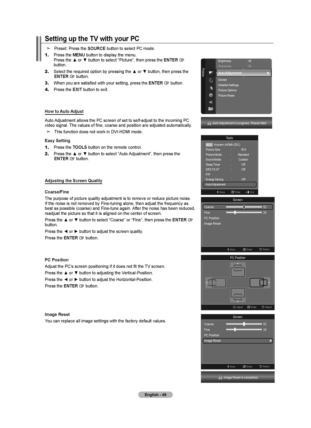 Samsung 7 Series Setting up the TV with your PC, How to Auto Adjust, Adjusting the Screen Quality Coarse/Fine, PC Position 