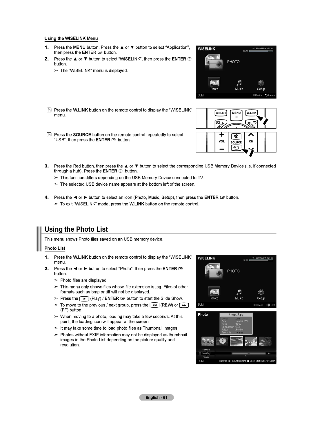 Samsung 7 Series Using the Photo List, Using the Wiselink Menu, This menu shows Photo files saved on an USB memory device 