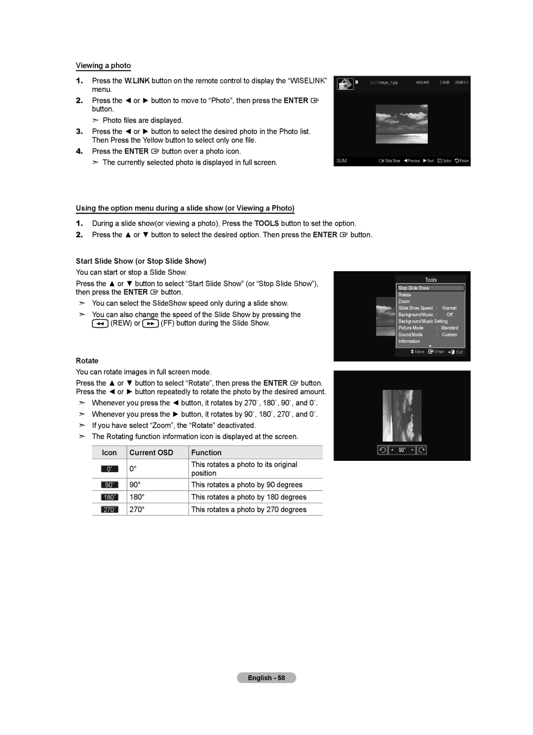 Samsung BN68-01736B-00, 7 Series Viewing a photo, Start Slide Show or Stop Slide Show, Rotate, Icon Current OSD Function 