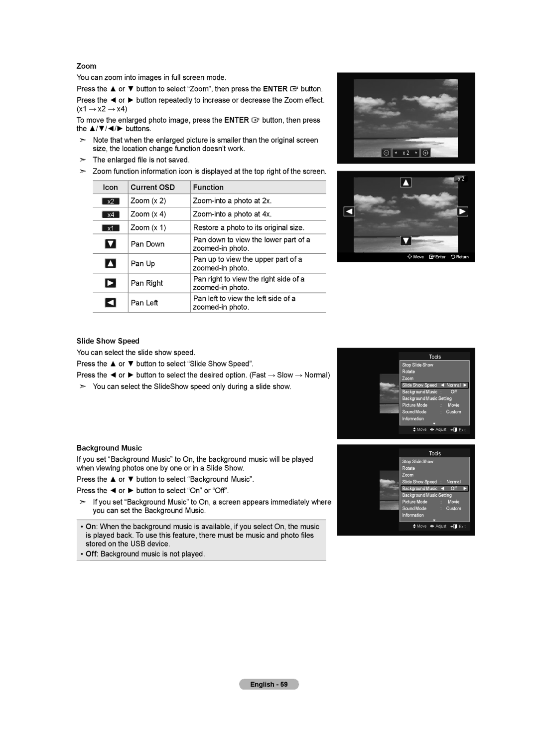 Samsung 7 Series, BN68-01736B-00 user manual Zoom, Slide Show Speed, Background Music 