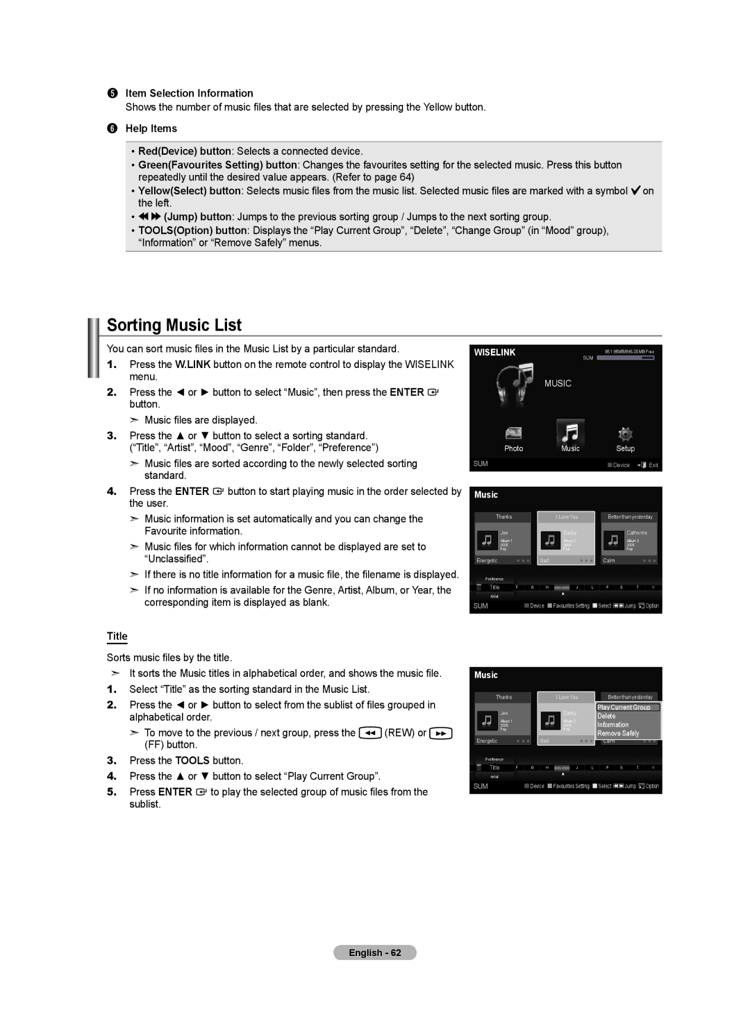 Samsung BN68-01736B-00, 7 Series user manual Sorting Music List, Title 