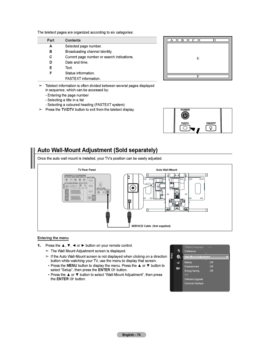 Samsung BN68-01736B-00, 7 Series user manual Auto Wall-Mount Adjustment Sold separately, Part Contents, Entering the menu 