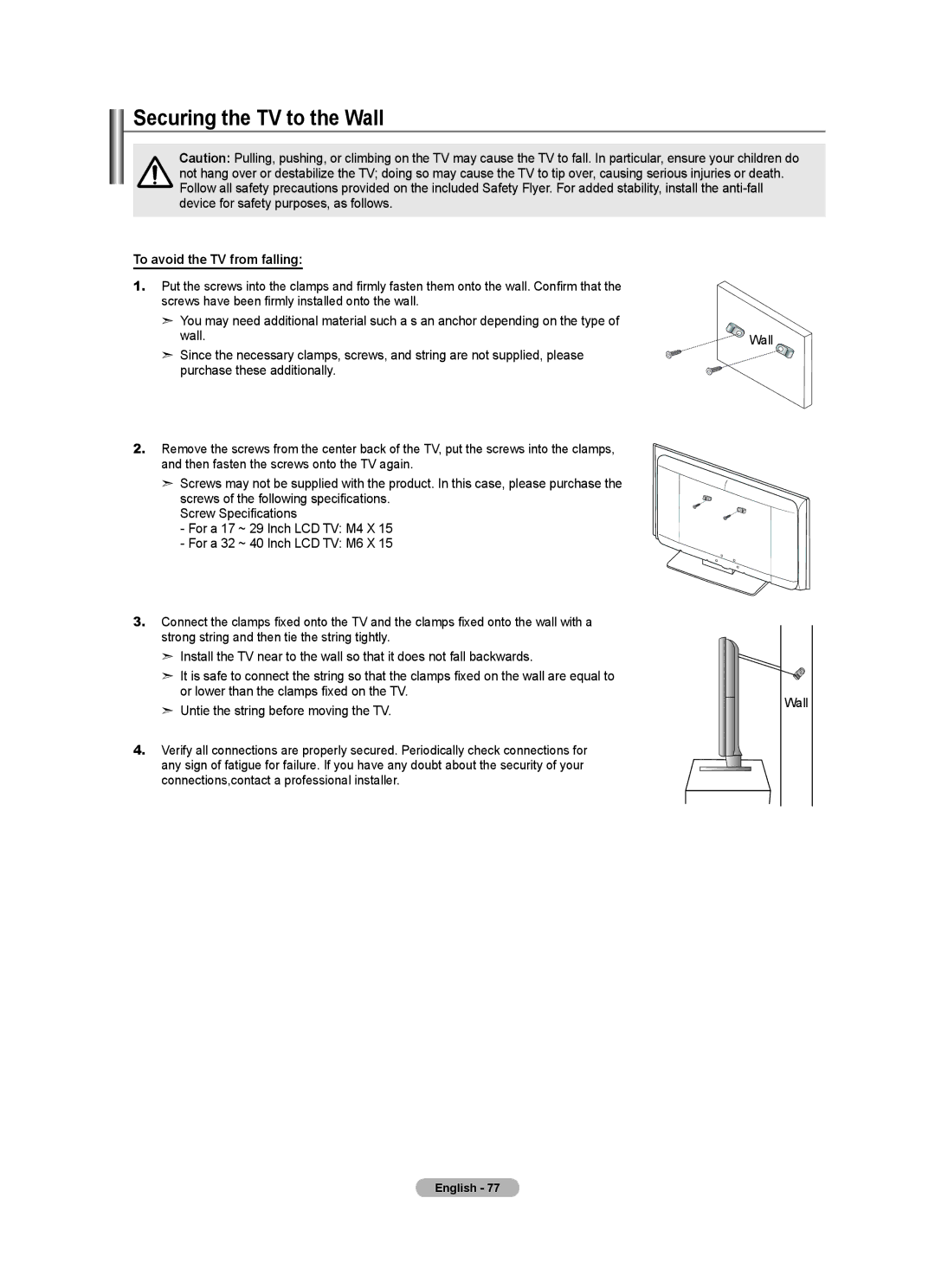 Samsung 7 Series, BN68-01736B-00 user manual Securing the TV to the Wall, To avoid the TV from falling 