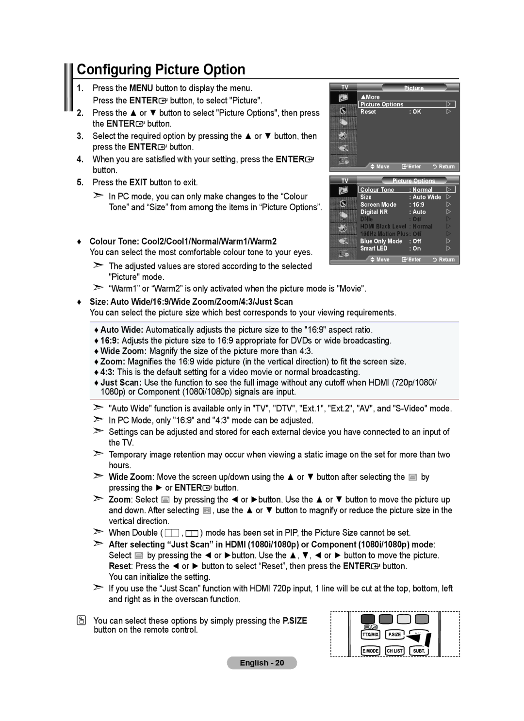 Samsung BN68-01736C-00 user manual Configuring Picture Option, Enter, Size Auto Wide/169/Wide Zoom/Zoom/43/Just Scan 