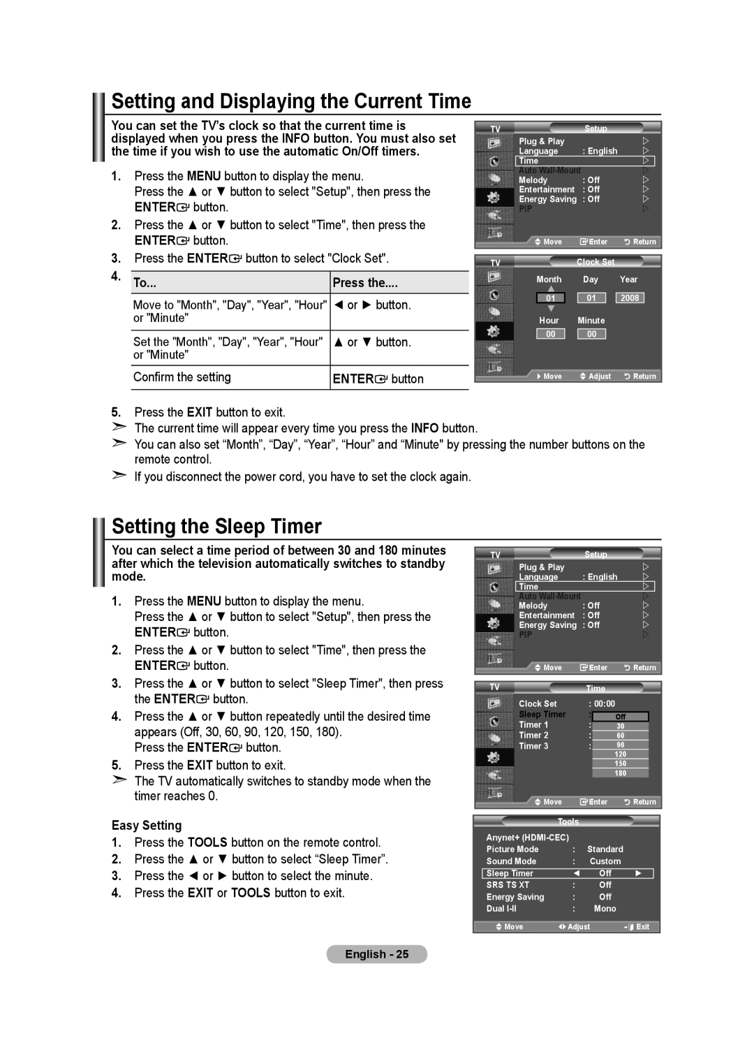 Samsung BN68-01736C-00 user manual Setting and Displaying the Current Time, Setting the Sleep Timer, Press, Enter button 