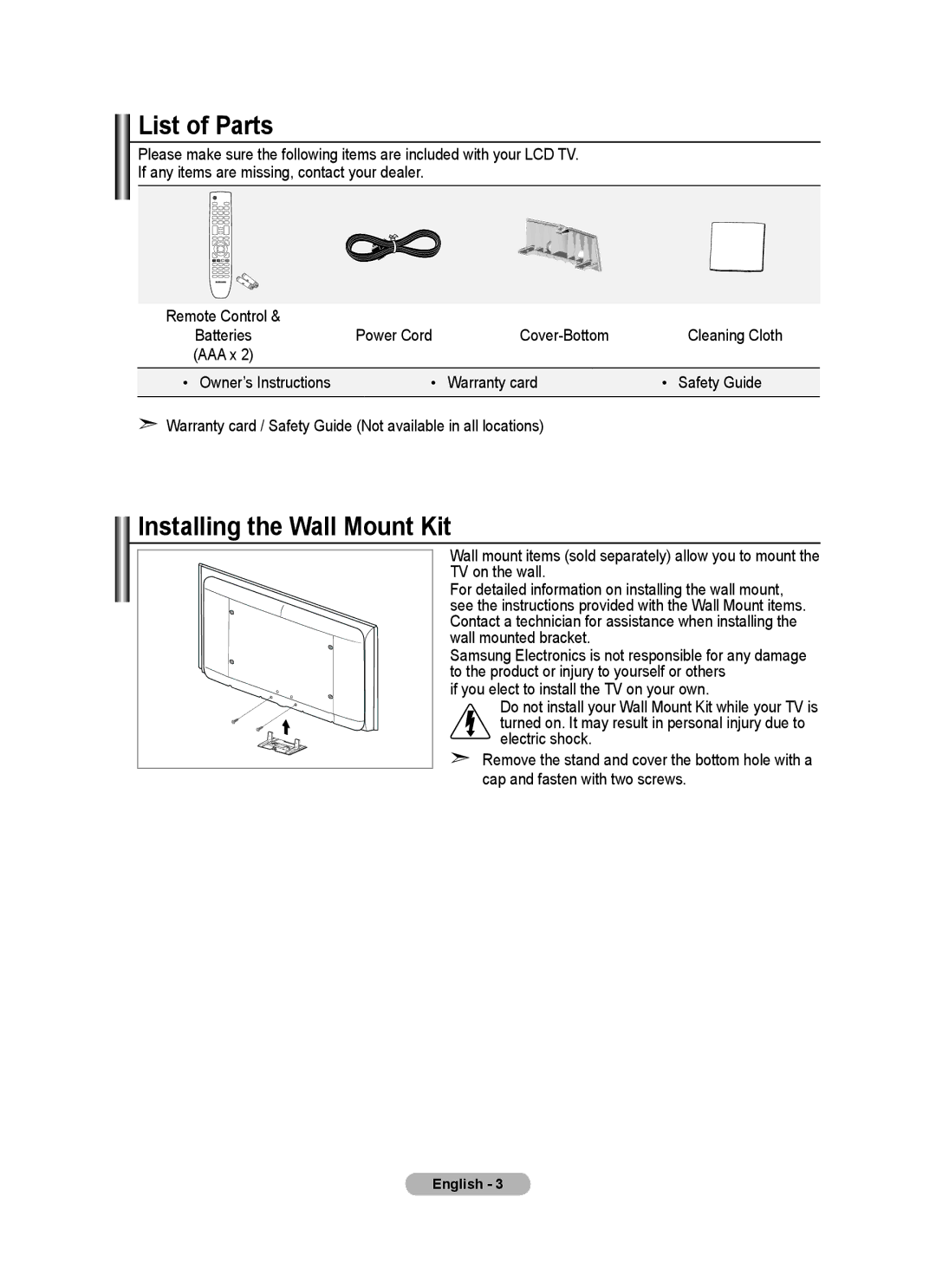 Samsung BN68-01736C-00 user manual List of Parts, Installing the Wall Mount Kit, Power Cord Cover-Bottom Cleaning Cloth 