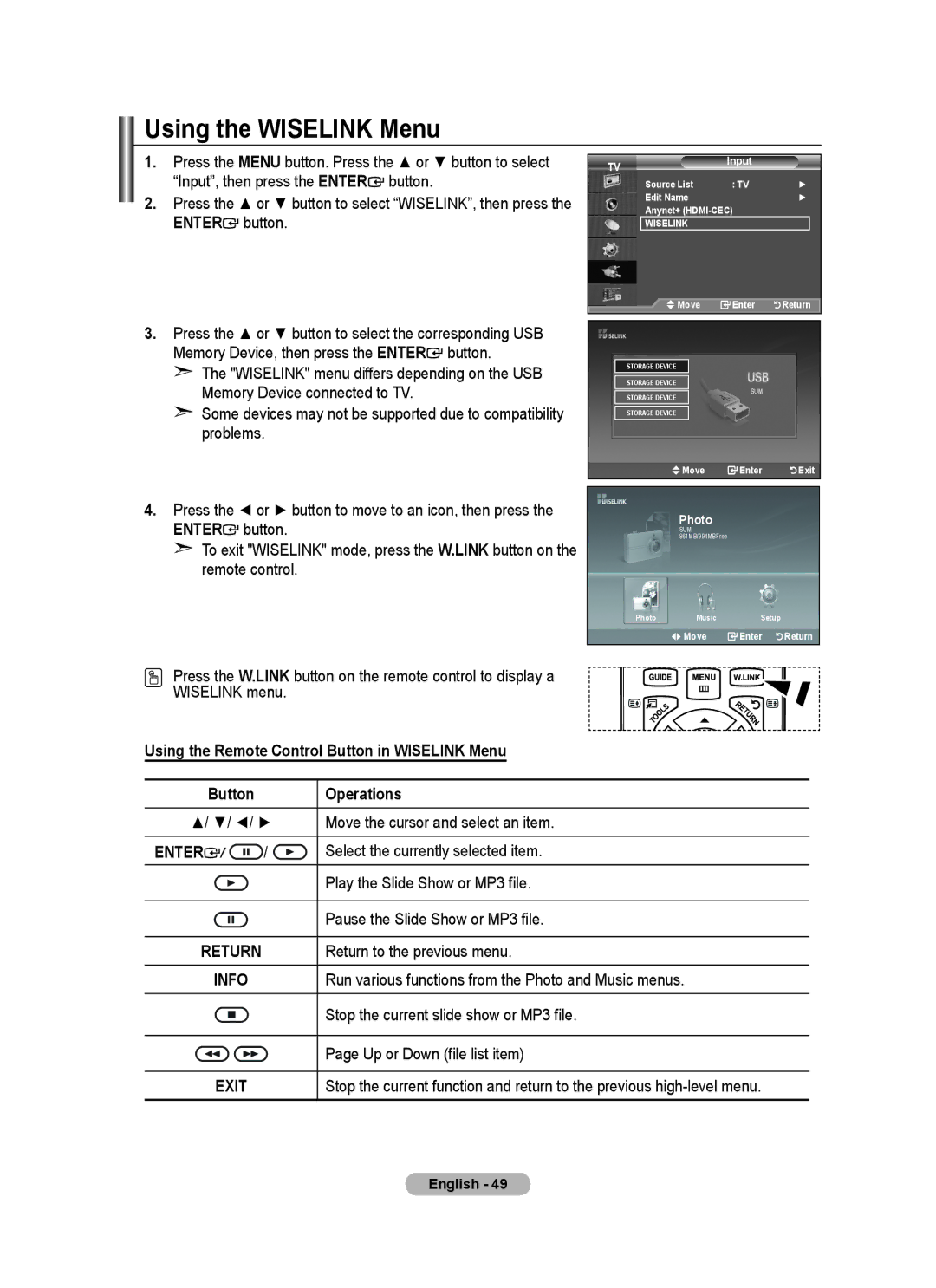 Samsung BN68-01736C-00 user manual Using the Wiselink Menu, Using the Remote Control Button in Wiselink Menu, Operations 