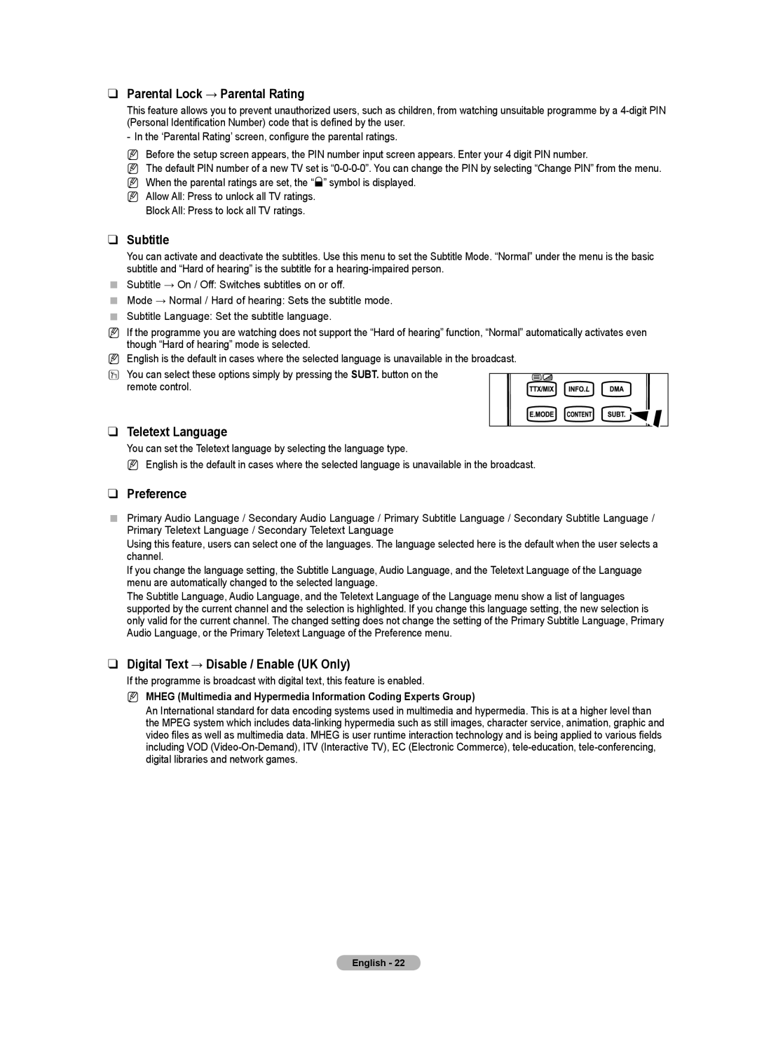 Samsung BN68-01737C-00 user manual Parental Lock → Parental Rating, Subtitle, Teletext Language, Preference 