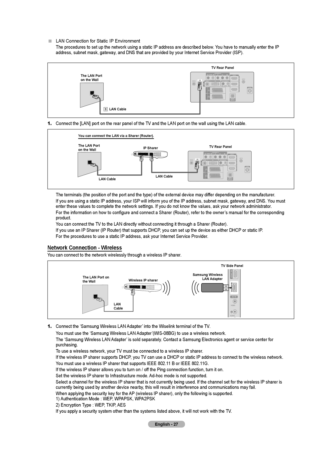 Samsung BN68-01737C-00 user manual Network Connection Wireless,  LAN Connection for Static IP Environment 