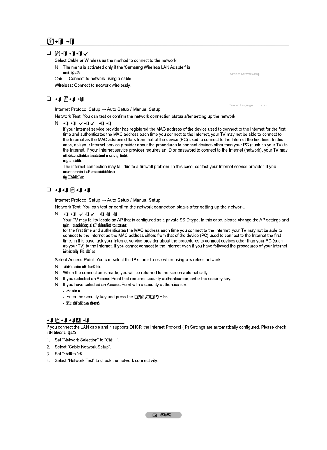 Samsung BN68-01737C-00 user manual Network Selection, Wireless Network Setup, Cable Network Setup-Auto Setup 