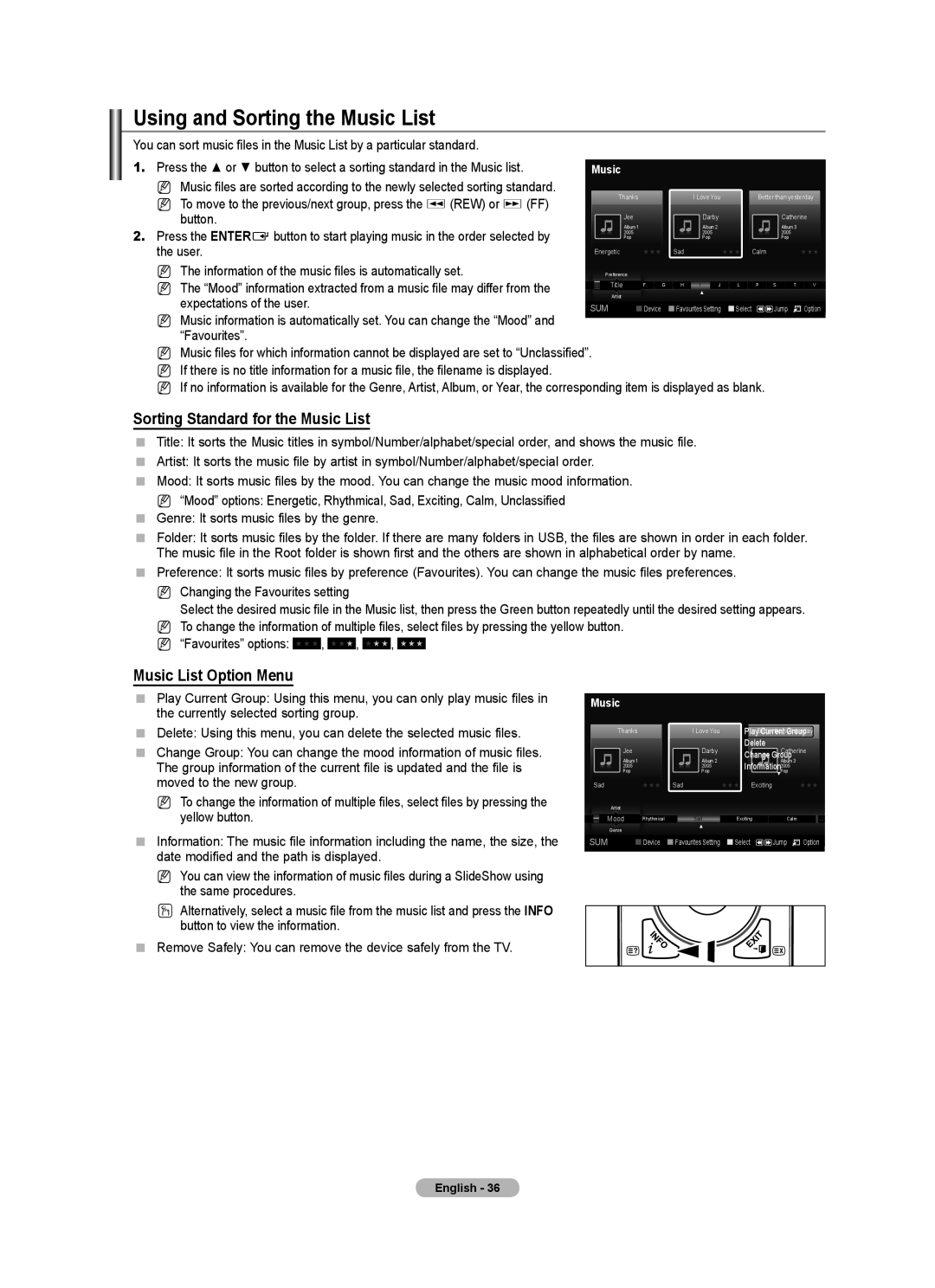 Samsung BN68-01737C-00 Using and Sorting the Music List, Sorting Standard for the Music List, Music List Option Menu 