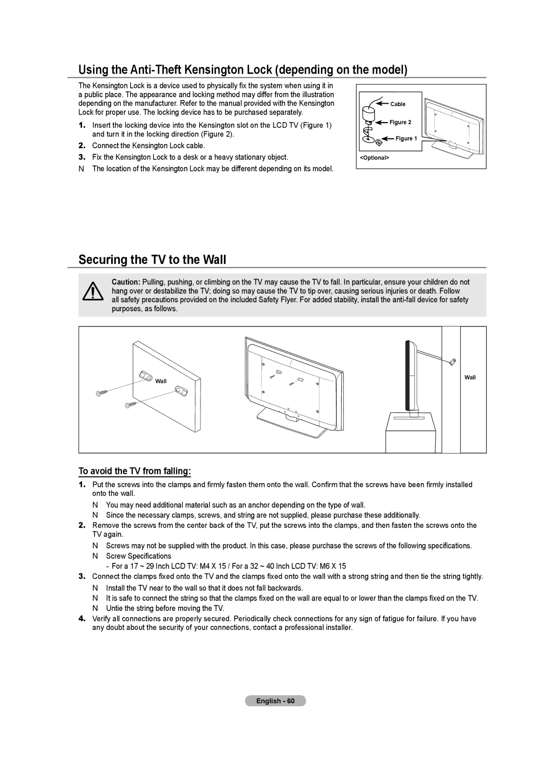 Samsung BN68-01737C-00 user manual Using the Anti-Theft Kensington Lock depending on the model, Securing the TV to the Wall 