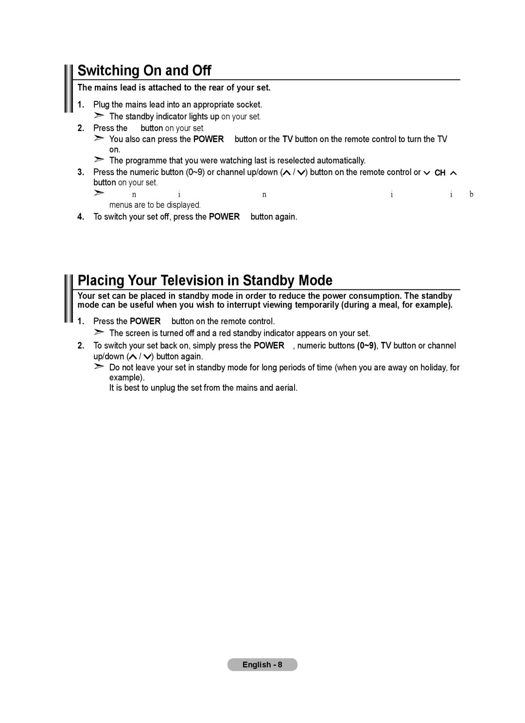 Samsung BN68-01780A-00 user manual Switching On and Off, Placing Your Television in Standby Mode 