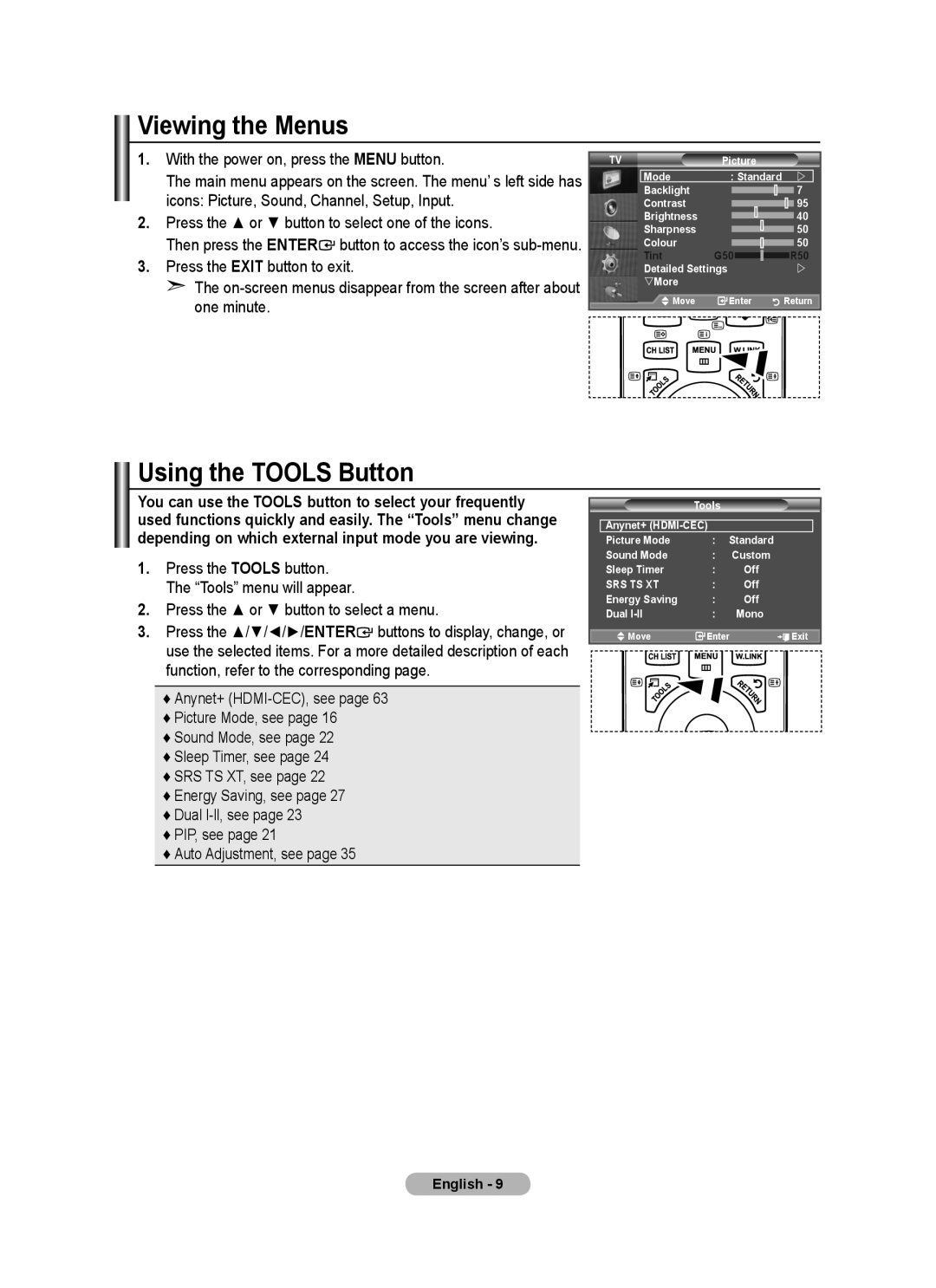 Samsung BN68-01780A-00 user manual Viewing the Menus, Using the Tools Button, Press the or button to select a menu 