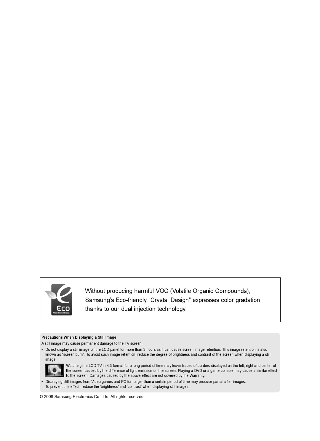 Samsung BN68-01780A-00 user manual Precautions When Displaying a Still Image 