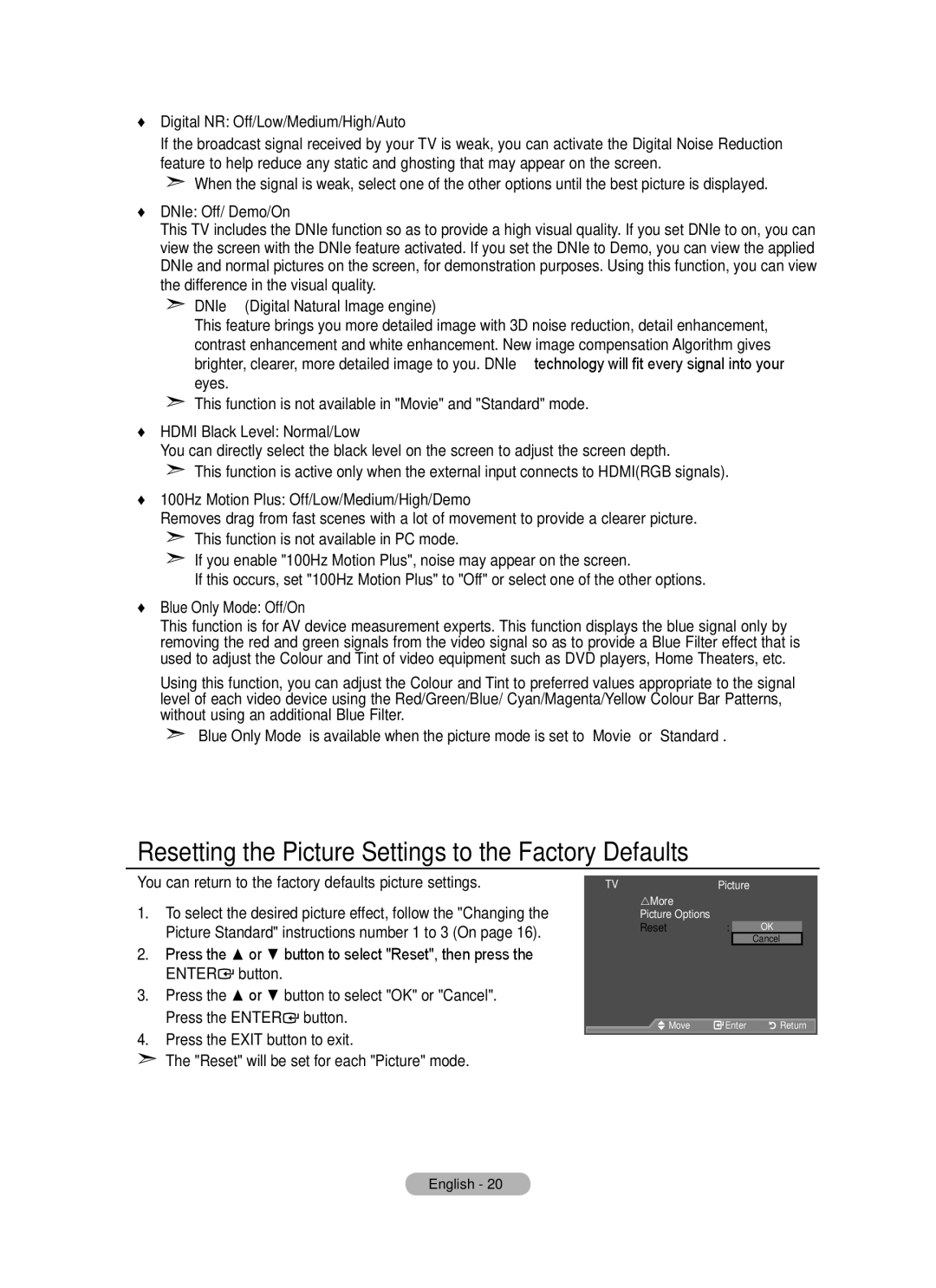 Samsung BN68-01780A-00 user manual Resetting the Picture Settings to the Factory Defaults 