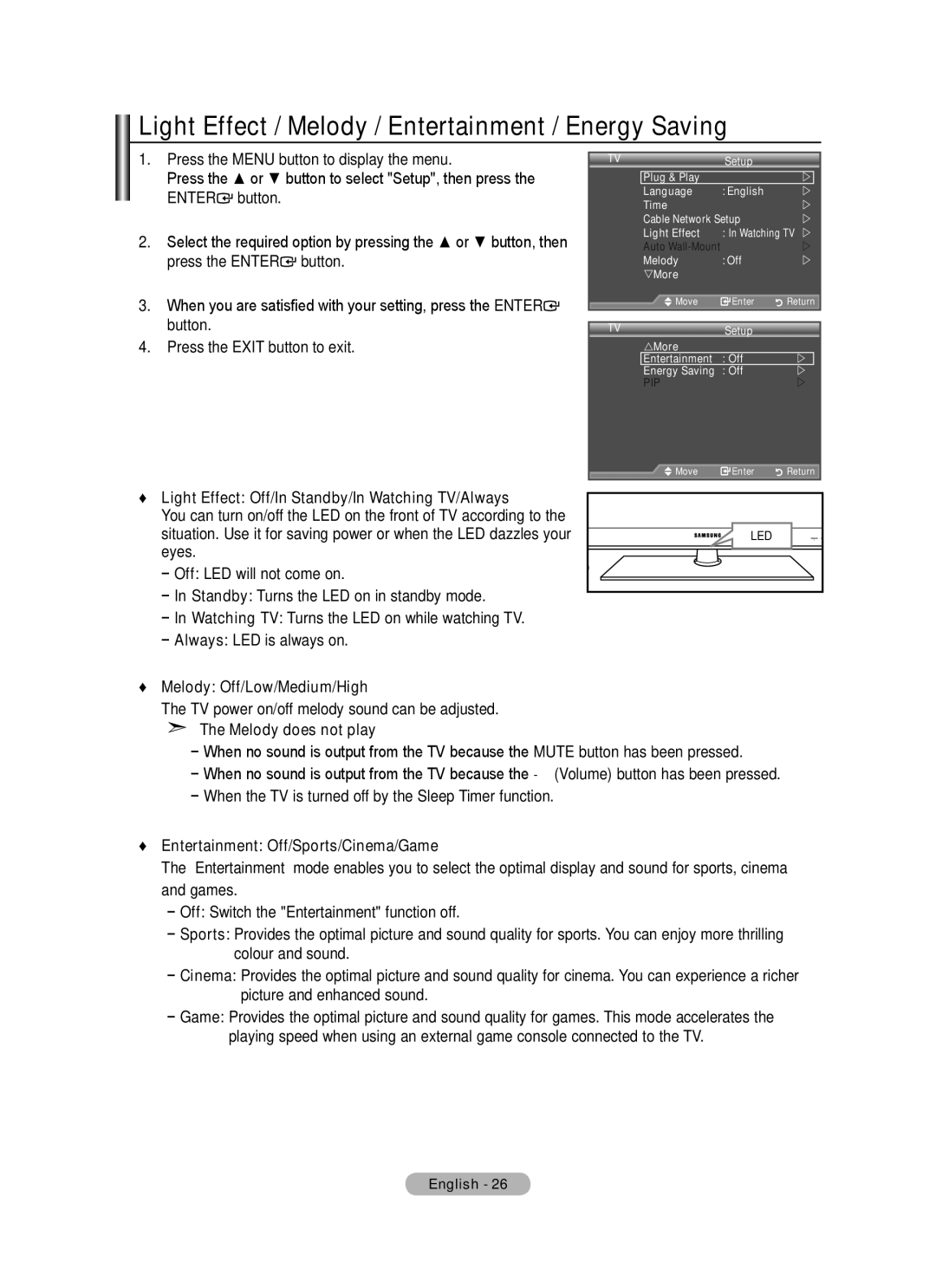 Samsung BN68-01780A-00 user manual Light Effect / Melody / Entertainment / Energy Saving, Melody Off/Low/Medium/High 