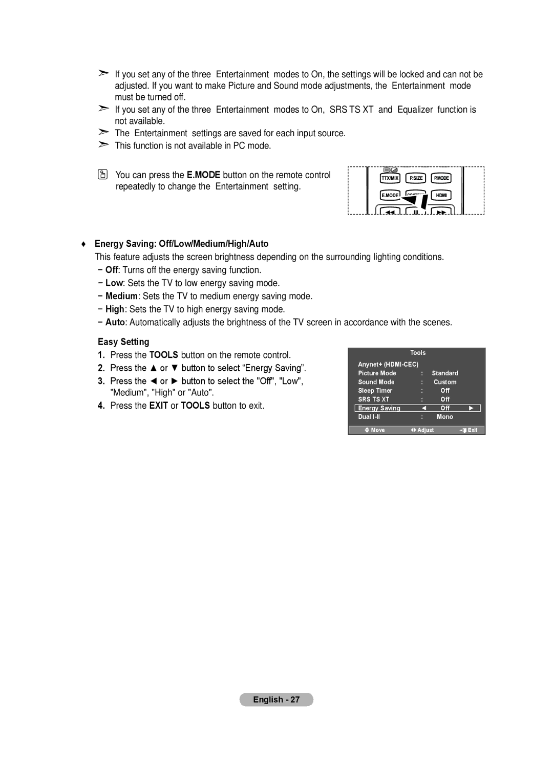 Samsung BN68-01780A-00 user manual Energy Saving Off/Low/Medium/High/Auto, Easy Setting 