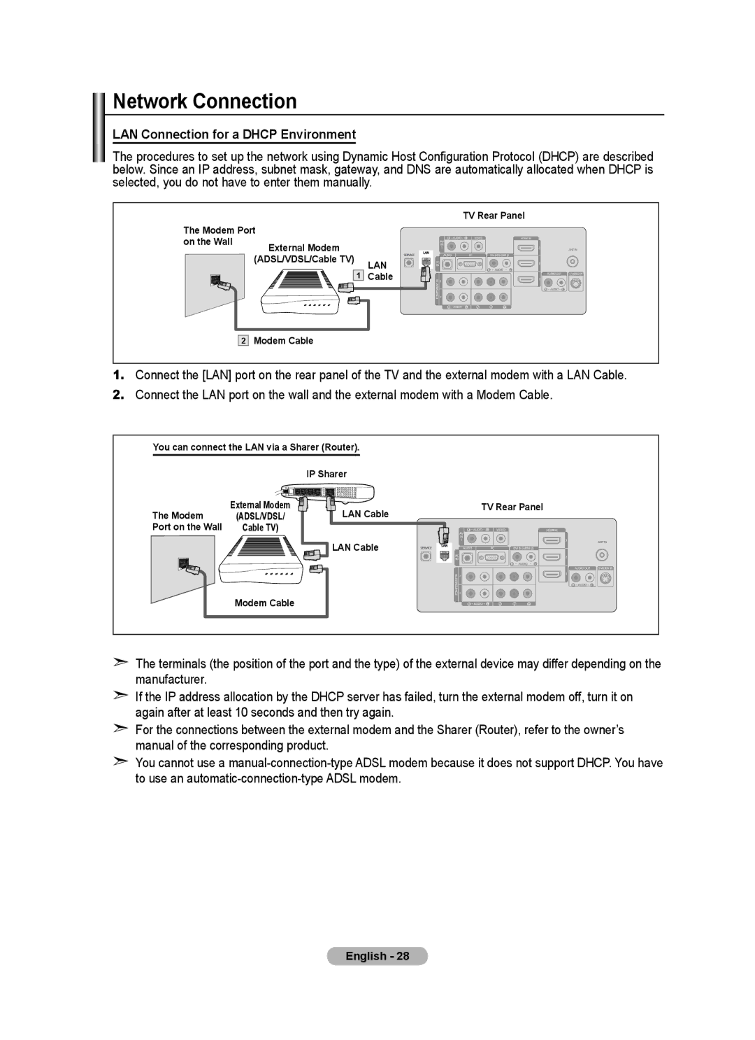 Samsung BN68-01780A-00 user manual Network Connection, LAN Connection for a Dhcp Environment 