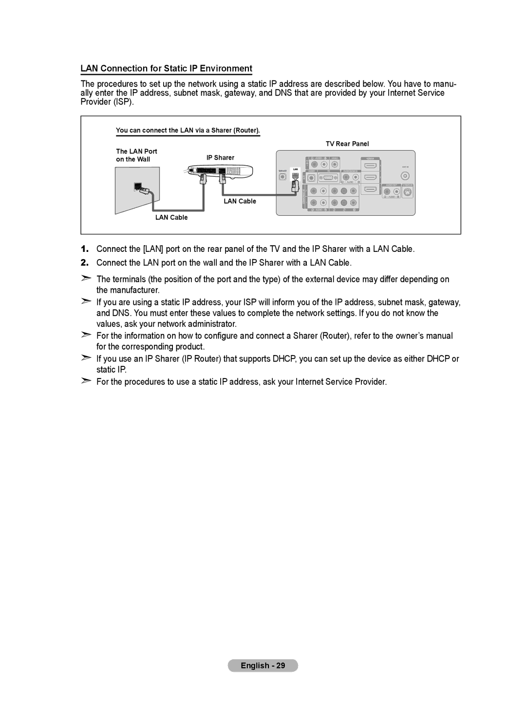 Samsung BN68-01780A-00 user manual LAN Connection for Static IP Environment 