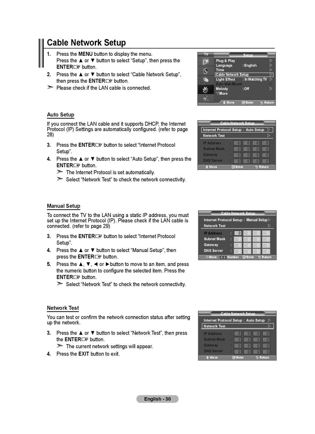 Samsung BN68-01780A-00 user manual Cable Network Setup, Auto Setup, Manual Setup, Network Test 