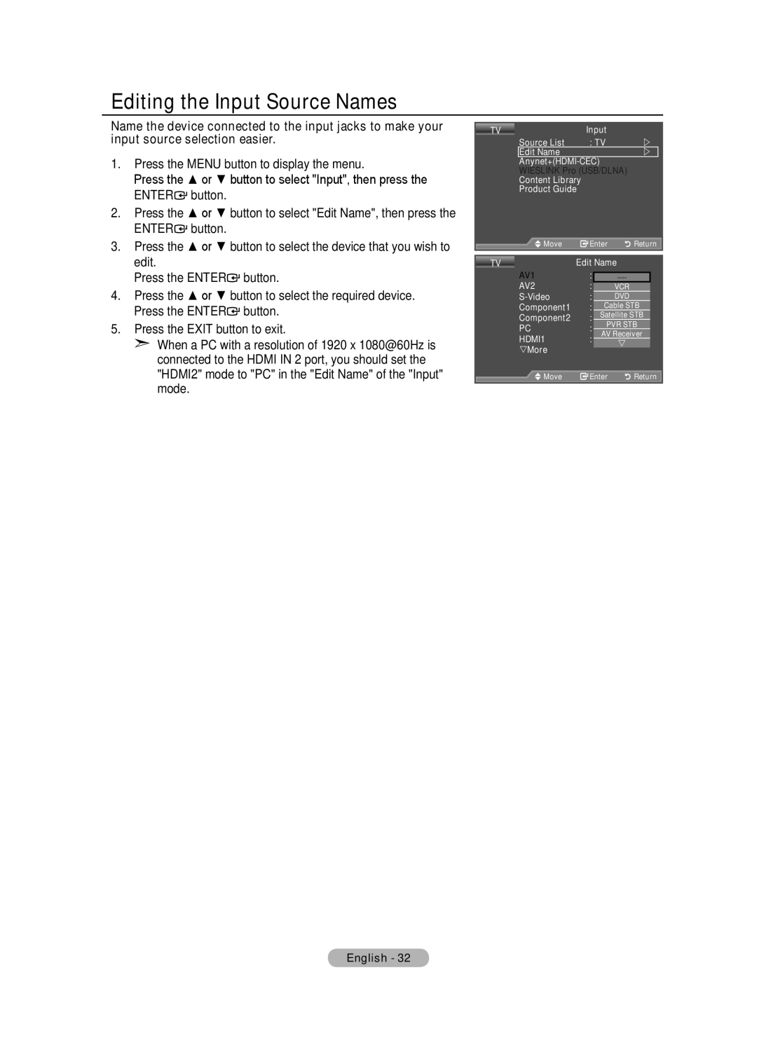 Samsung BN68-01780A-00 user manual Editing the Input Source Names, AV2 