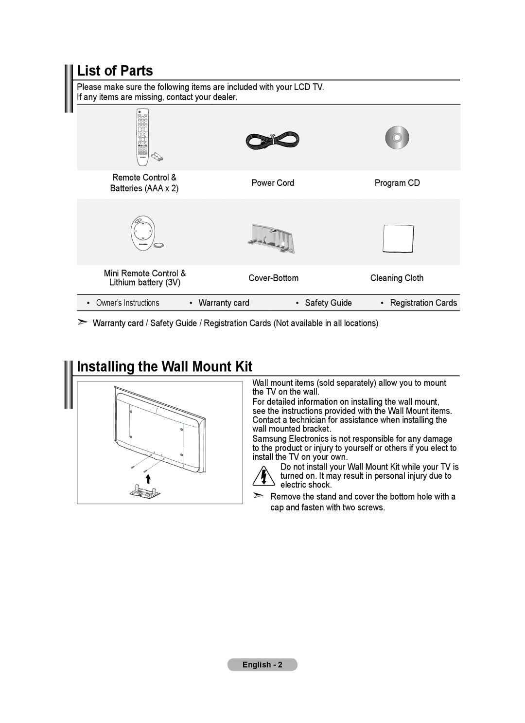 Samsung BN68-01780A-00 user manual List of Parts, Installing the Wall Mount Kit, Power Cord, Cover-Bottom Cleaning Cloth 