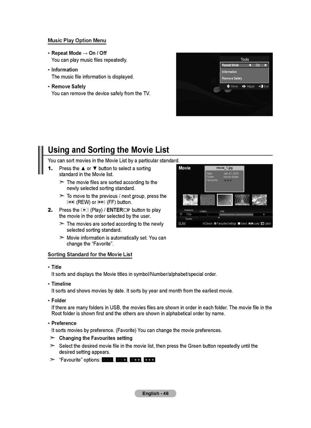 Samsung BN68-01780A-00 user manual Using and Sorting the Movie List, Music Play Option Menu Repeat Mode → On / Off 