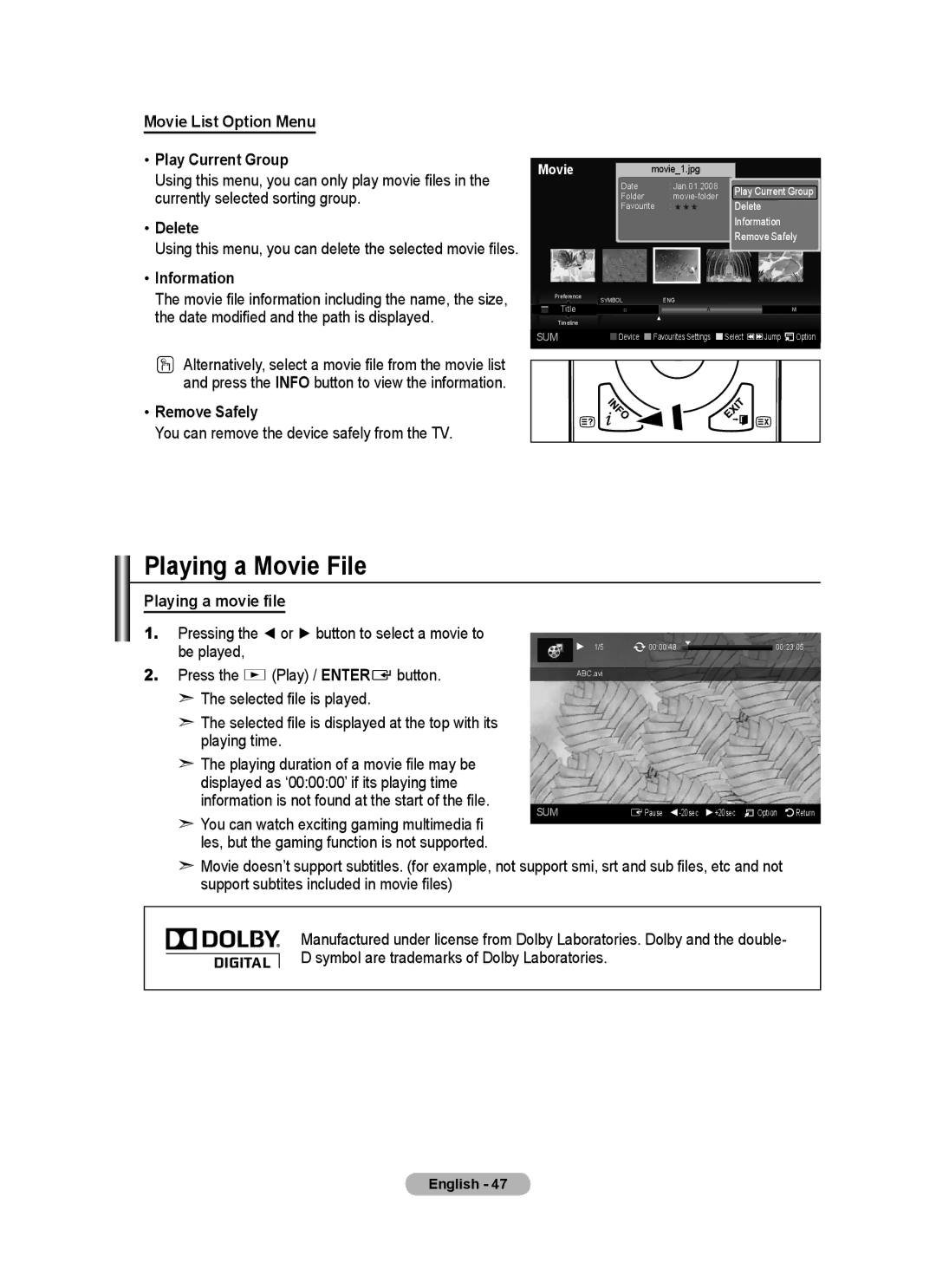 Samsung BN68-01780A-00 Playing a Movie File, Movie List Option Menu Play Current Group, Delete, Playing a movie file 