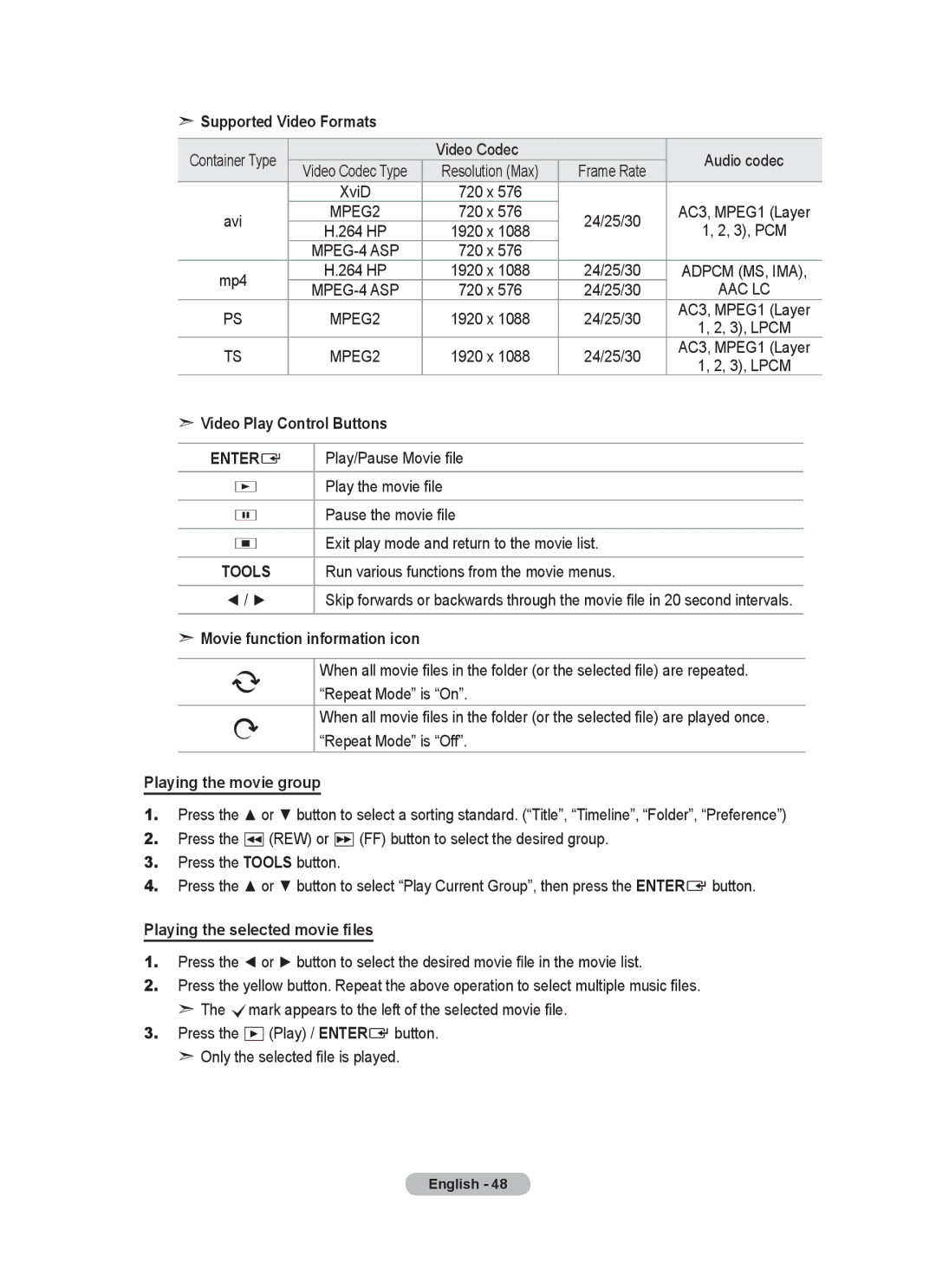 Samsung BN68-01780A-00 Supported Video Formats, Video Play Control Buttons, Play/Pause Movie file, Play the movie file 