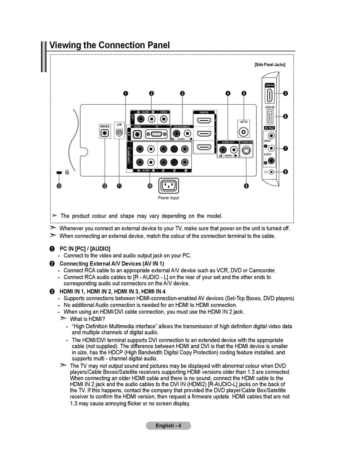 Samsung BN68-01780A-00 user manual Viewing the Connection Panel, PC in PC / Audio, Connecting External A/V Devices AV 