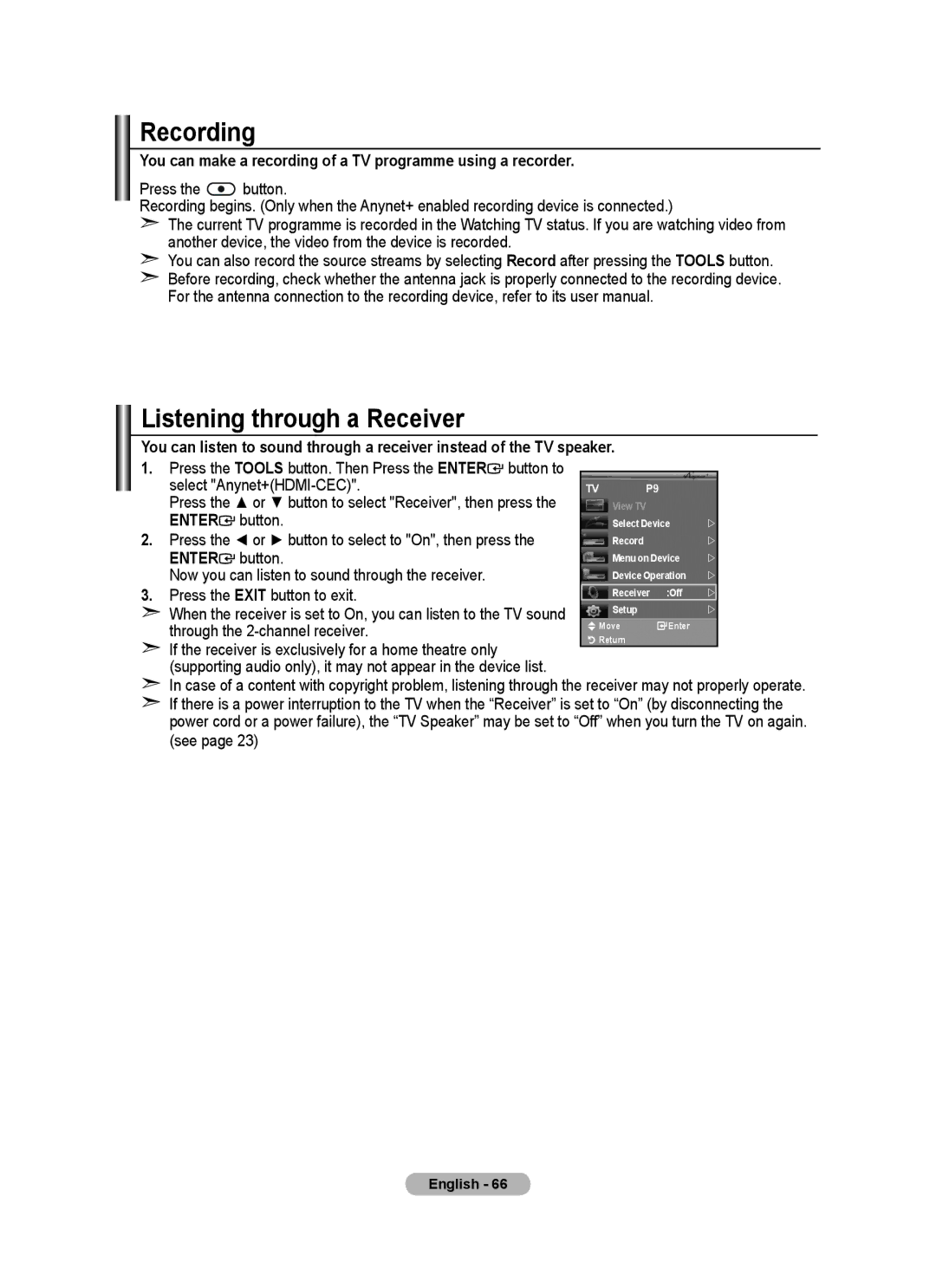 Samsung BN68-01780A-00 Recording, Listening through a Receiver, Press the Tools button. Then Press the Enter button to 