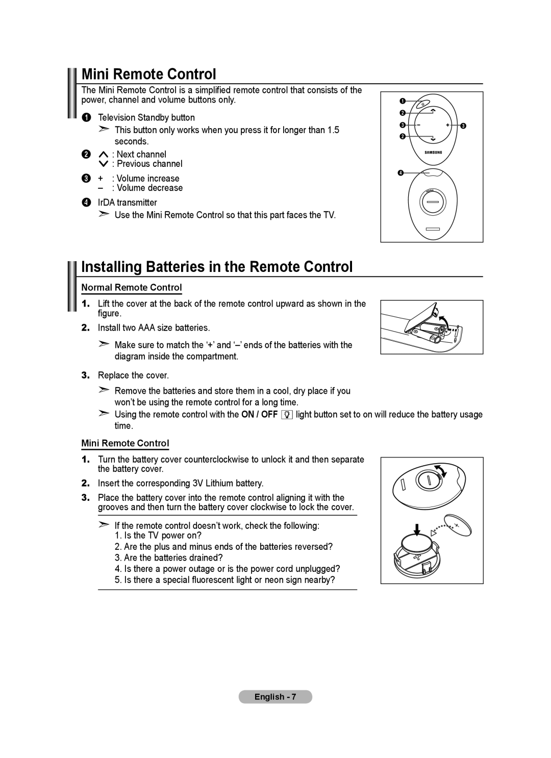 Samsung BN68-01780A-00 user manual Mini Remote Control, Installing Batteries in the Remote Control, Normal Remote Control 