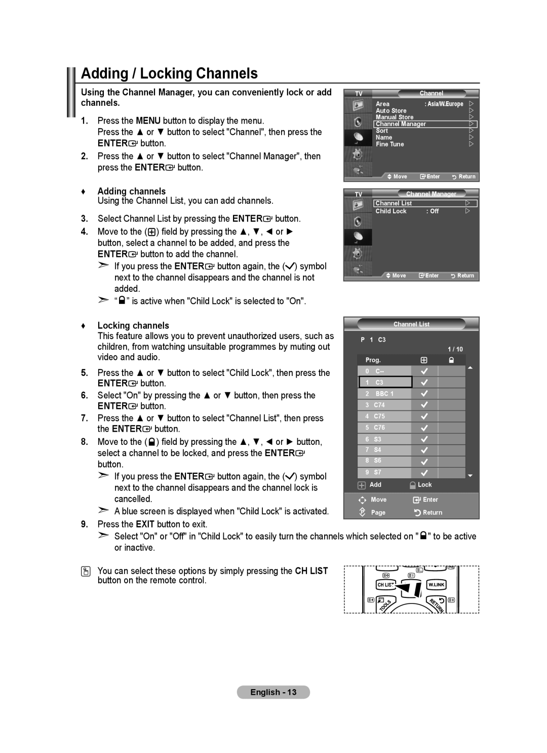 Samsung BN68-01780J-00 user manual Adding / Locking Channels, Adding channels 