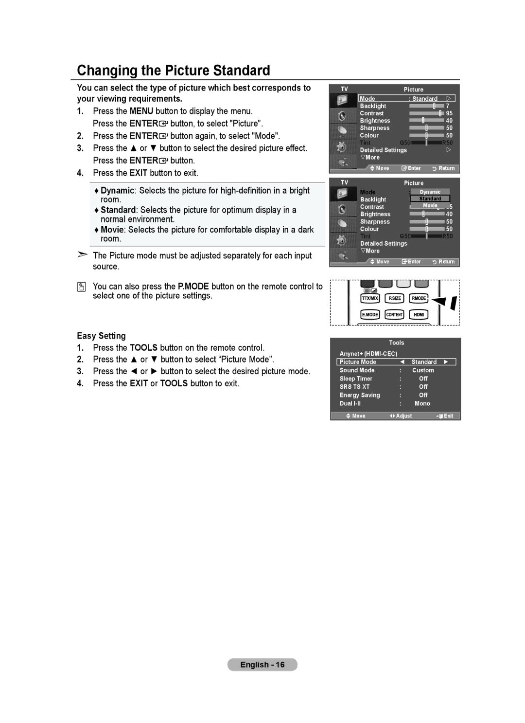 Samsung BN68-01780J-00 Changing the Picture Standard, Press the Enter button again, to select Mode, Easy Setting 