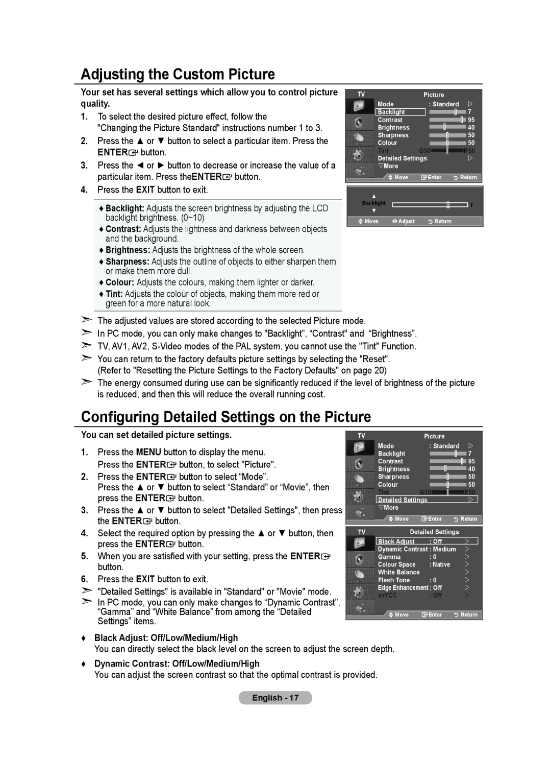 Samsung BN68-01780J-00 user manual Adjusting the Custom Picture, Configuring Detailed Settings on the Picture 