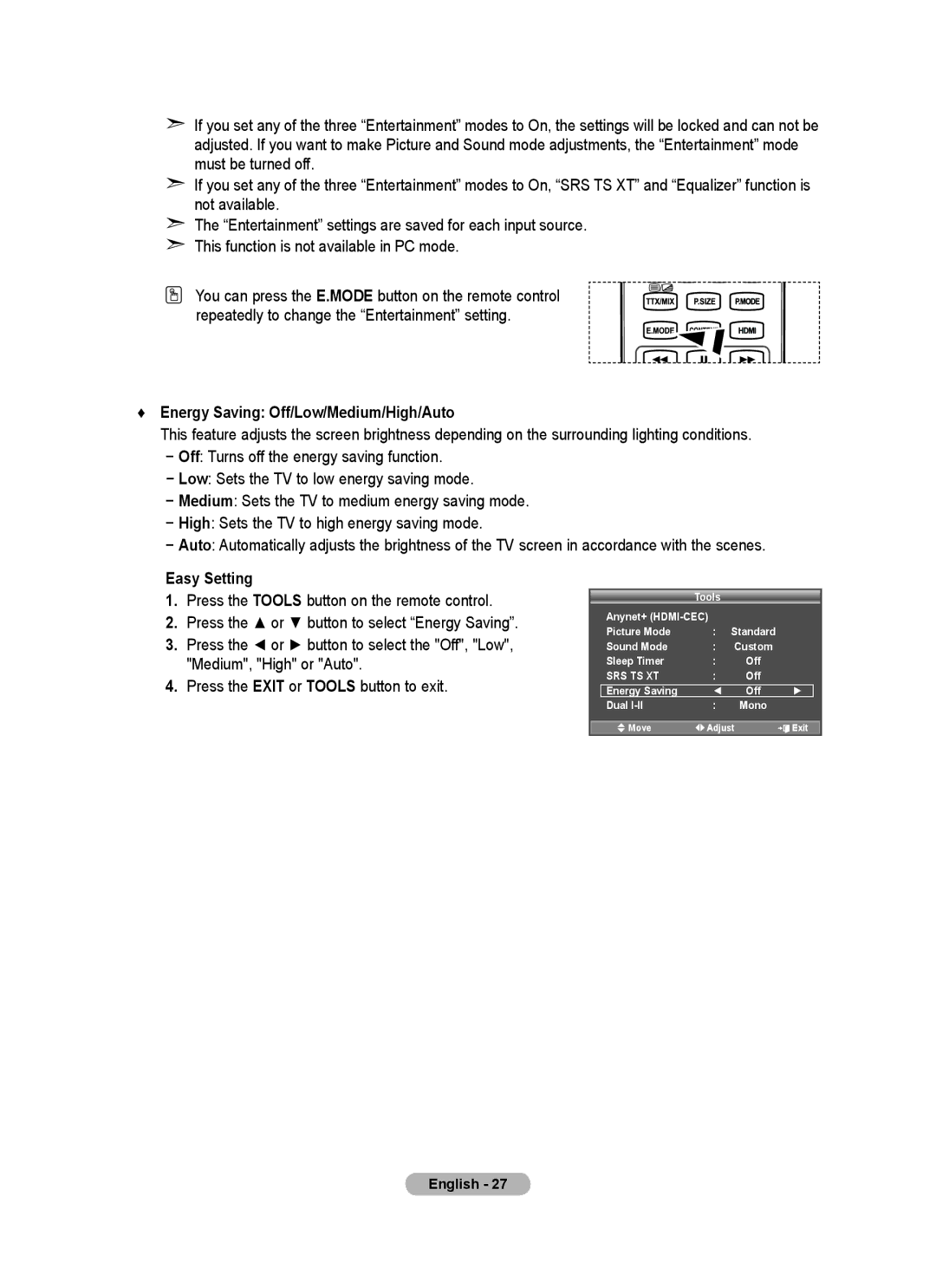 Samsung BN68-01780J-00 user manual Energy Saving Off/Low/Medium/High/Auto, Easy Setting 