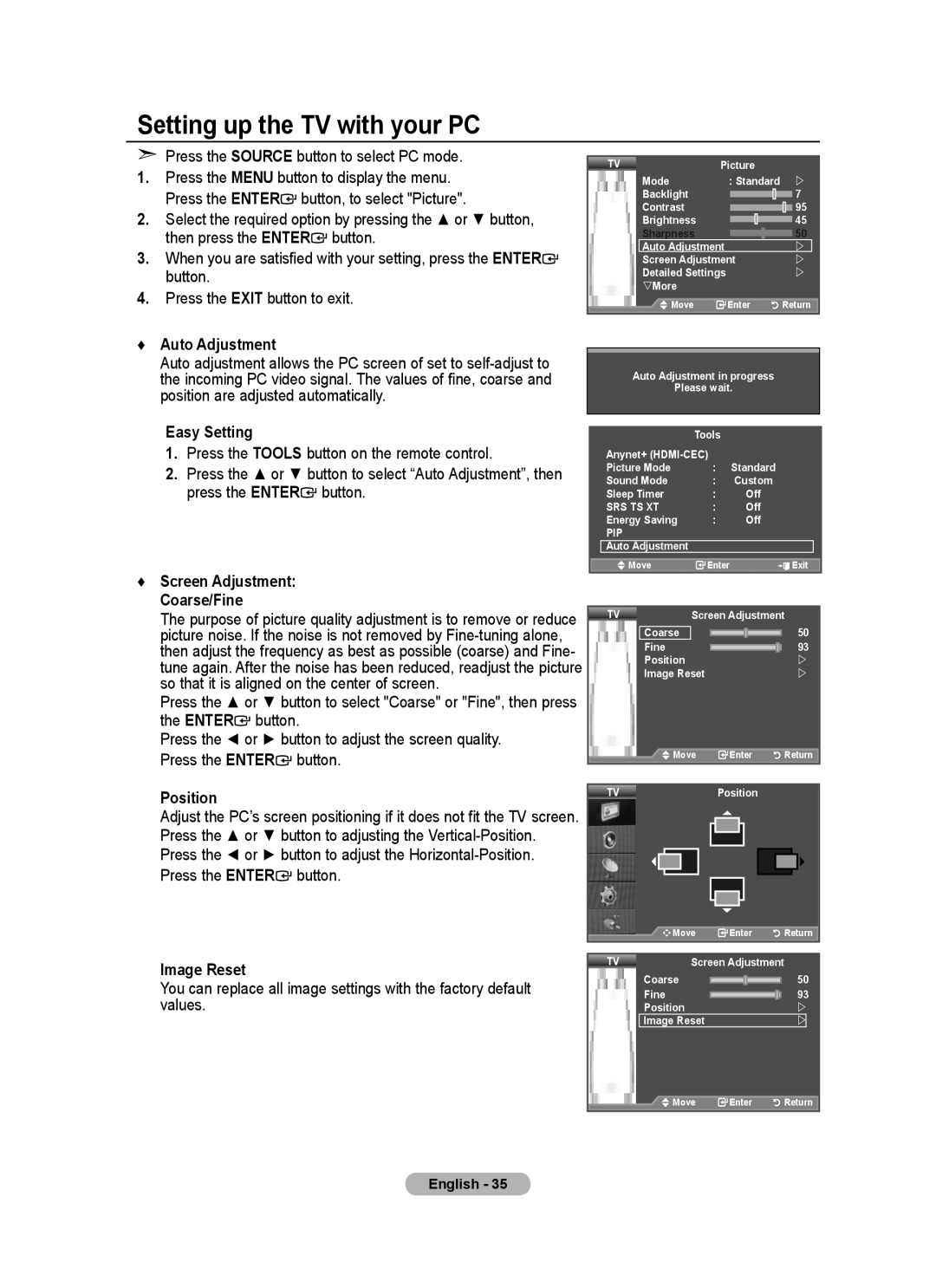 Samsung BN68-01780J-00 Setting up the TV with your PC, Press the Source button to select PC mode, Auto Adjustment 