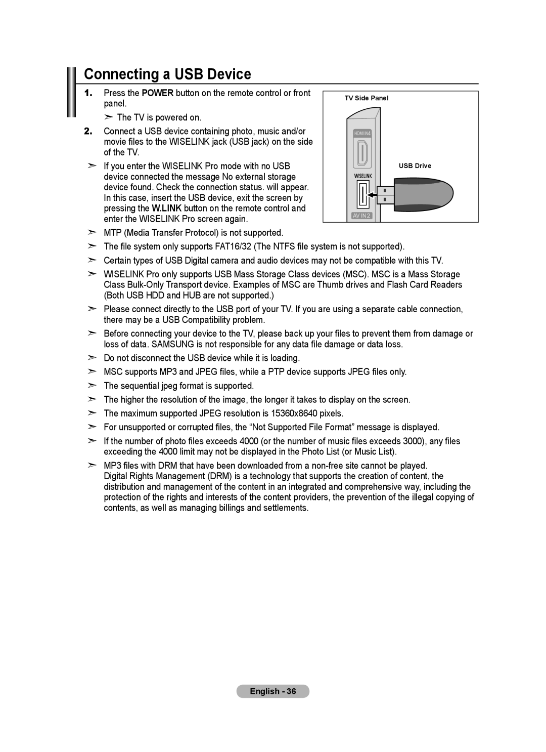 Samsung BN68-01780J-00 user manual Connecting a USB Device 