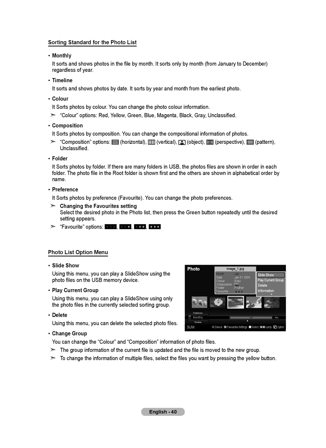 Samsung BN68-01780J-00 Sorting Standard for the Photo List Monthly, Timeline, Colour, Composition, Folder, Preference 