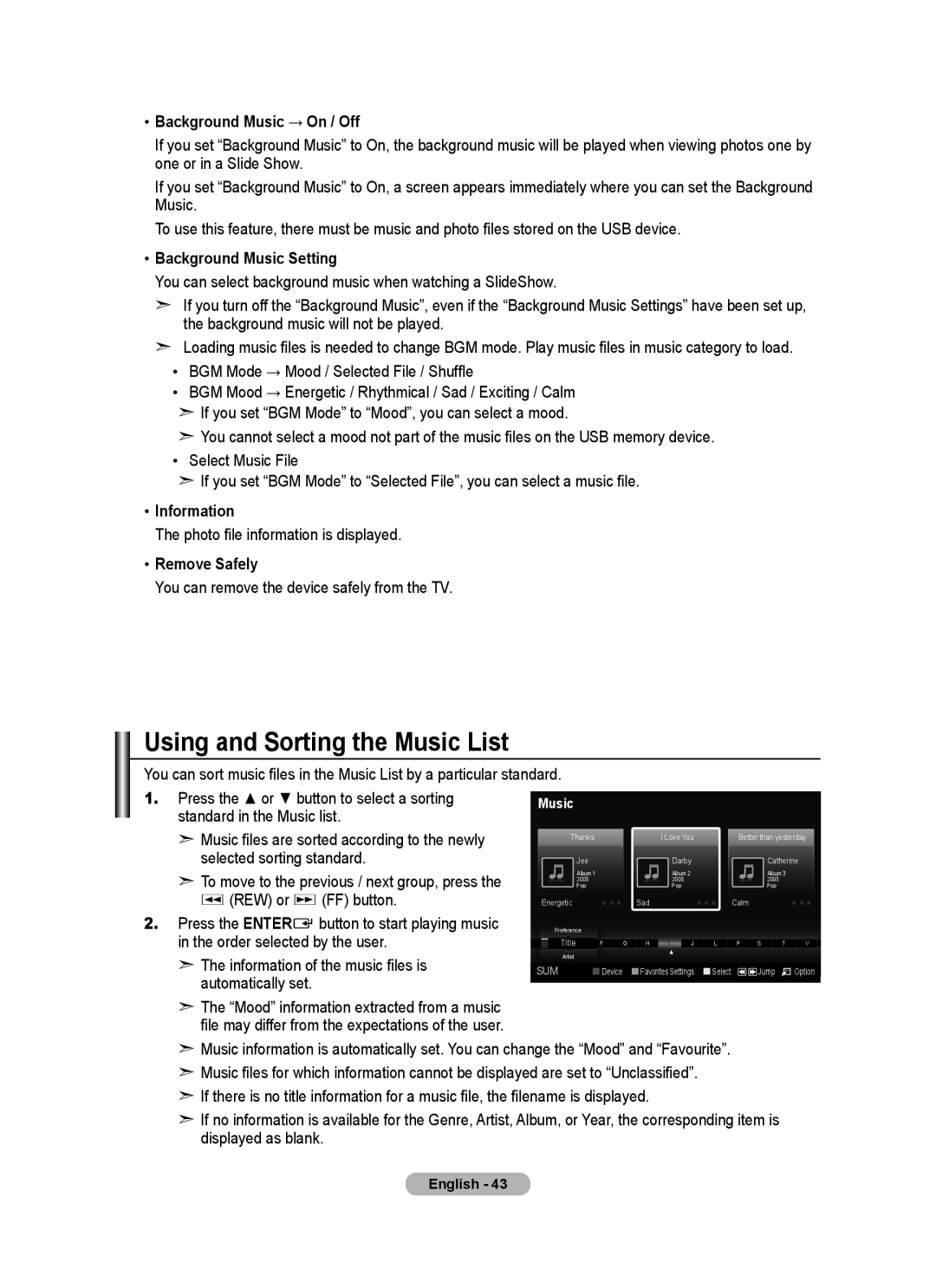 Samsung BN68-01780J-00 user manual Using and Sorting the Music List, Background Music → On / Off, Background Music Setting 