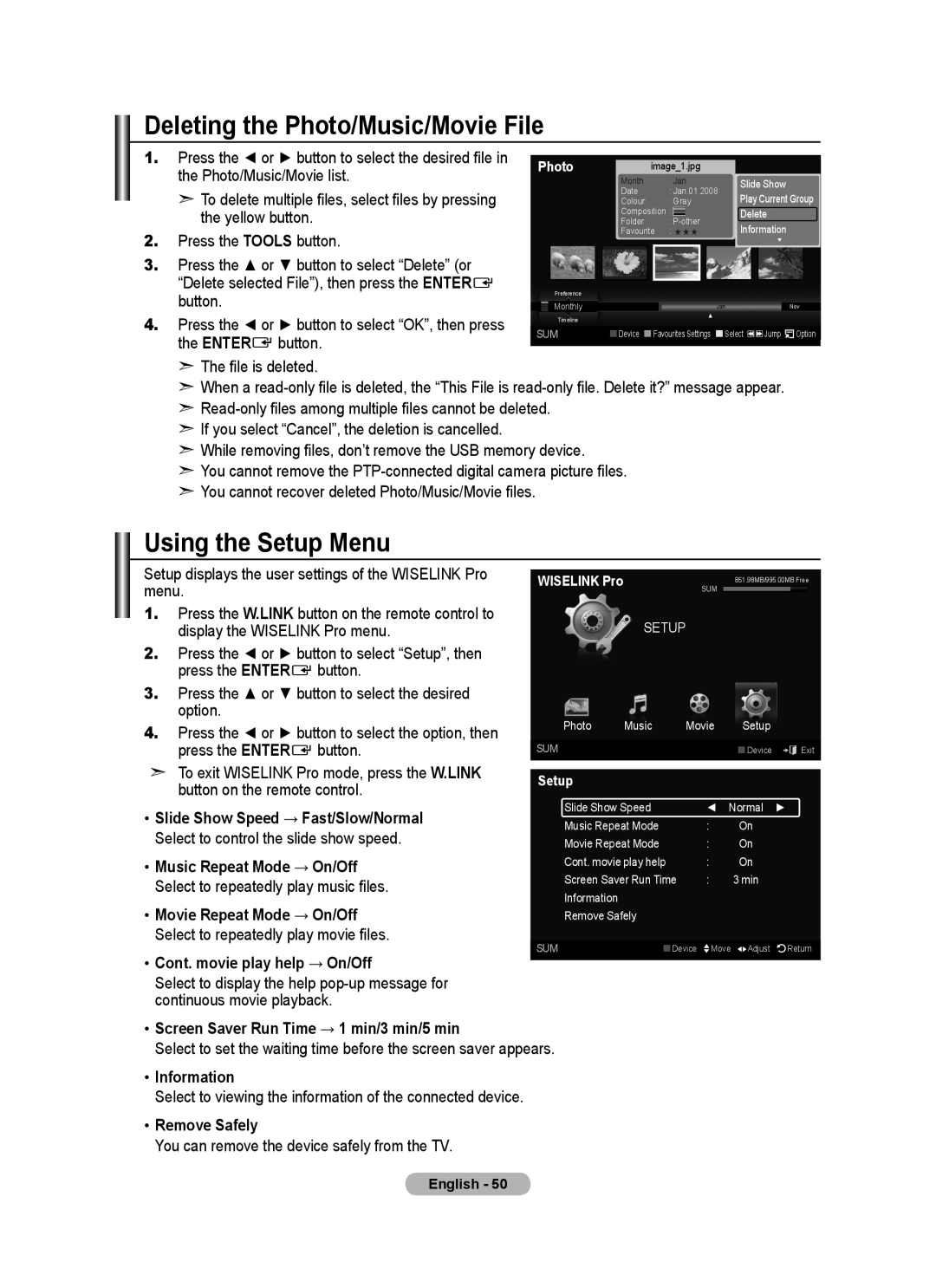 Samsung BN68-01780J-00 Deleting the Photo/Music/Movie File, Using the Setup Menu, Slide Show Speed → Fast/Slow/Normal 