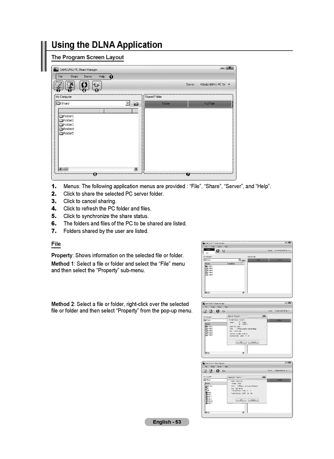 Samsung BN68-01780J-00 user manual Using the Dlna Application, Program Screen Layout, File 