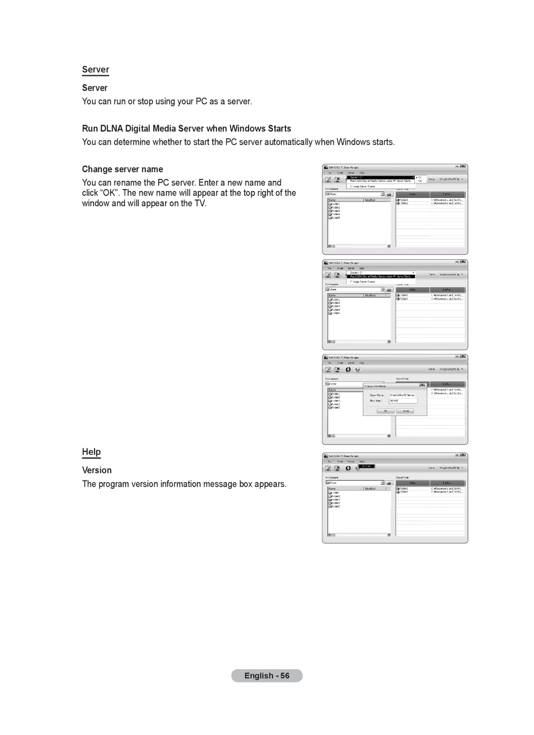 Samsung BN68-01780J-00 user manual Run Dlna Digital Media Server when Windows Starts, Change server name, Help Version 