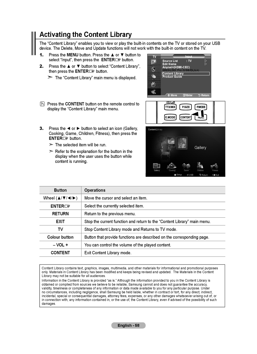 Samsung BN68-01780J-00 Activating the Content Library, Button Operations, Stop Content Library mode and Returns to TV mode 